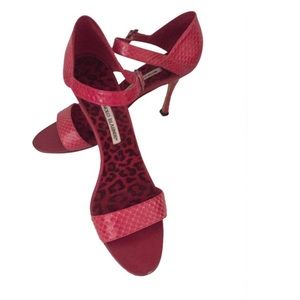 Manolo Blahnik Red Snakeskin Ankle Strap Heels